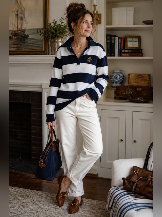 Ralph Lauren Sweaters - Lauren Ralph Lauren Women’s XL Navy White Striped Rugby Sweater Nautical Crest